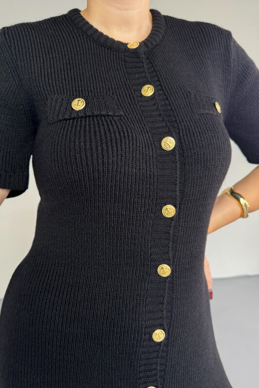 ELB-0159 Siyah Gold Düğme Detaylı Triko Elbise - 2
