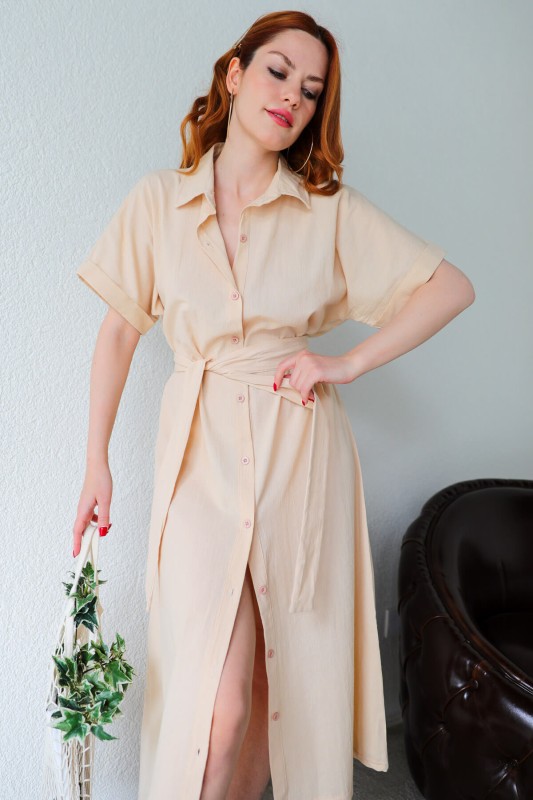 ELB-01692 Krem Kuşaklı Kısa Kol Keten Gömlek Elbise - 7