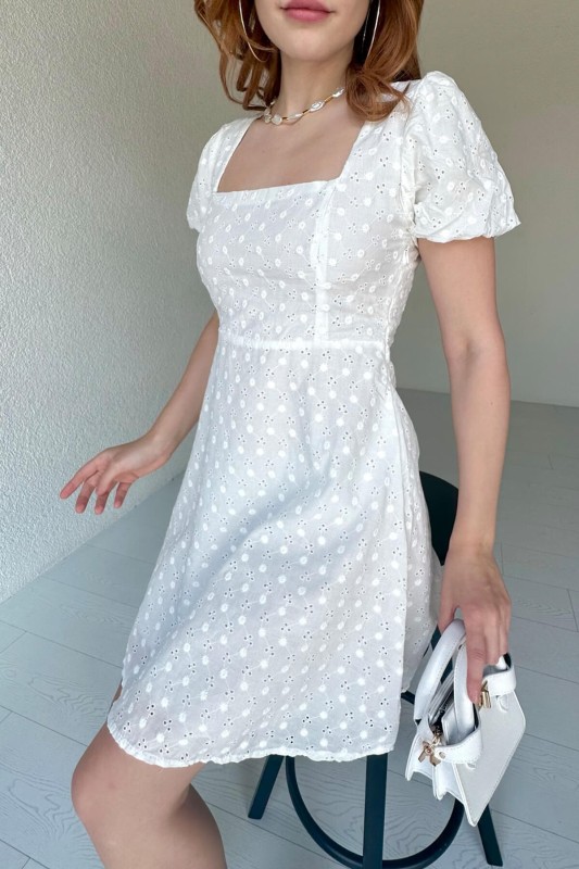 ELB-01700 Beyaz Kare Yaka Balon Kol Fisto Elbise - 4