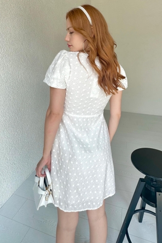 ELB-01700 Beyaz Kare Yaka Balon Kol Fisto Elbise - 5