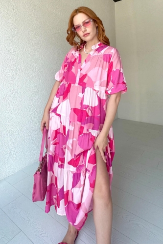 ELB-01704 Pembe Çiçek Desenli V Yaka Salaş Yazlık Elbise 