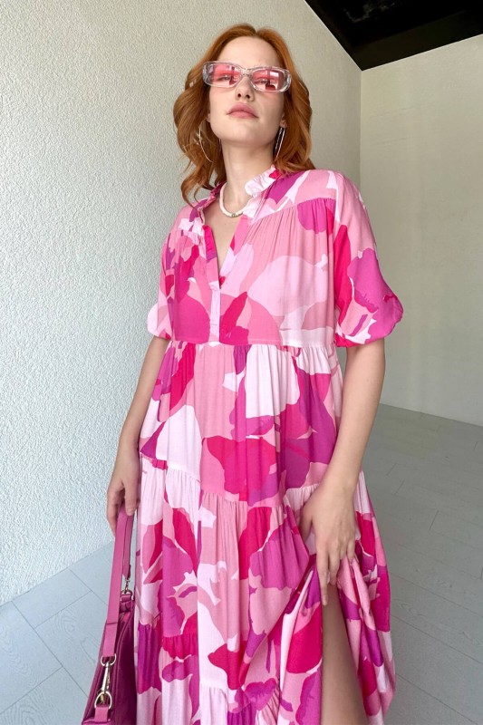 ELB-01704 Pembe Çiçek Desenli V Yaka Salaş Yazlık Elbise - 2