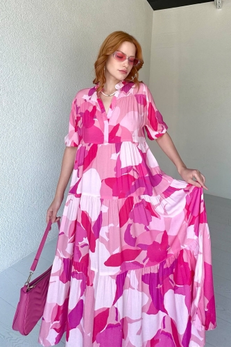 ELB-01704 Pembe Çiçek Desenli V Yaka Salaş Yazlık Elbise - 5