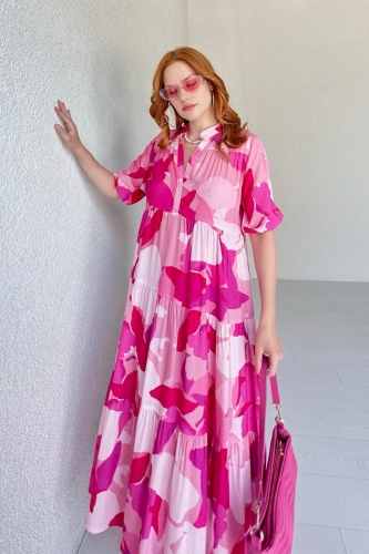 ELB-01704 Pembe Çiçek Desenli V Yaka Salaş Yazlık Elbise - 6