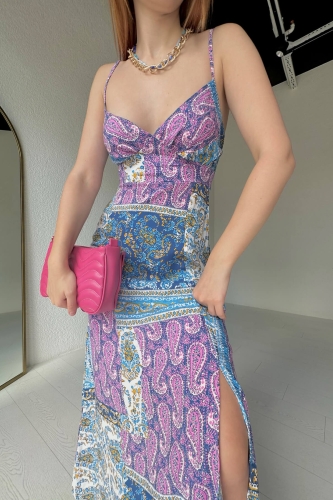 ELB-01705 Mavi Mor Patchwork Desenli Askılı Yazlık Elbise - 2