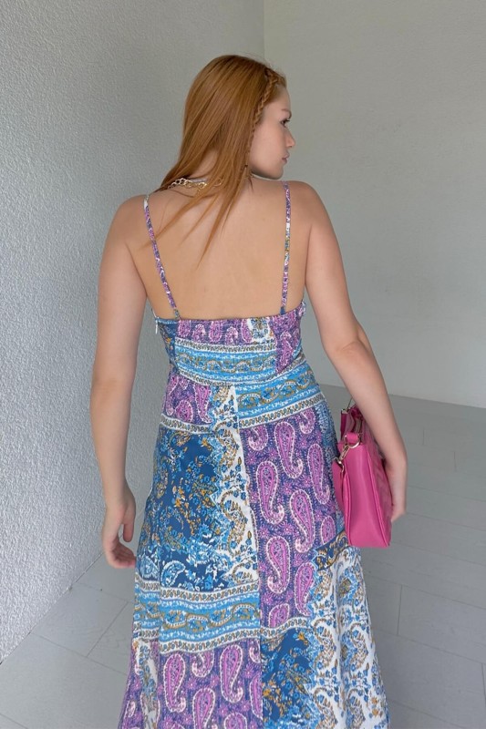ELB-01705 Mavi Mor Patchwork Desenli Askılı Yazlık Elbise - 5