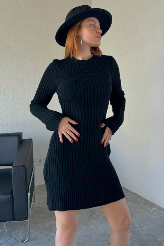 ELB-01710 Siyah Çan Model Salaş Triko Kumaş Trend Triko Elbise - 2