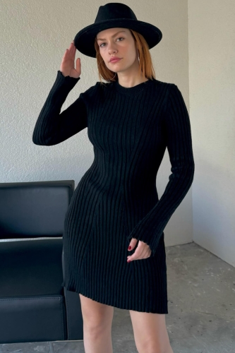 ELB-01710 Siyah Çan Model Salaş Triko Kumaş Trend Triko Elbise 