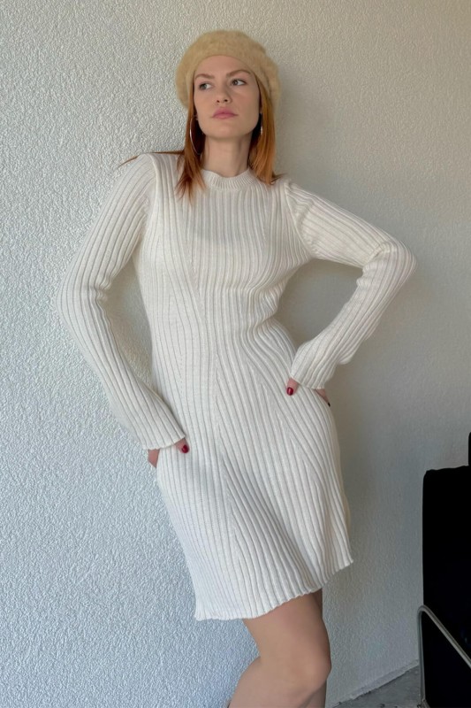 ELB-01710 Taş Rengi Çan Model Salaş Triko Kumaş Trend Triko Elbise - 2