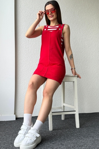 ELB-01721 Kırmızı Ön Küçük Cep Detay Kot Kumaş Salopet Elbise - 1