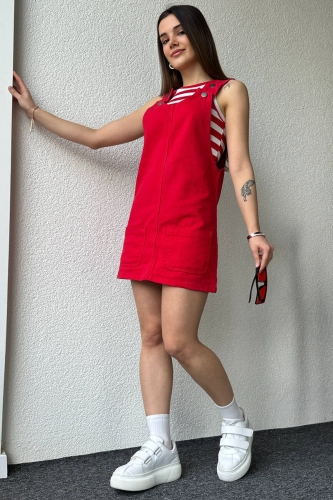 ELB-01721 Kırmızı Ön Küçük Cep Detay Kot Kumaş Salopet Elbise - 5
