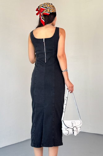 ELB-01742 Siyah Havuz Yaka Denim Kumaş Arka Yırtmaç Detaylı Likralı Midiboy Elbise - 4