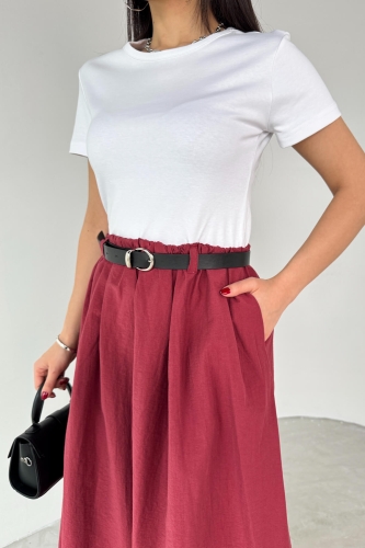 ELB-01762 Bordo Kemerli Balon Etekli Elbise - 3