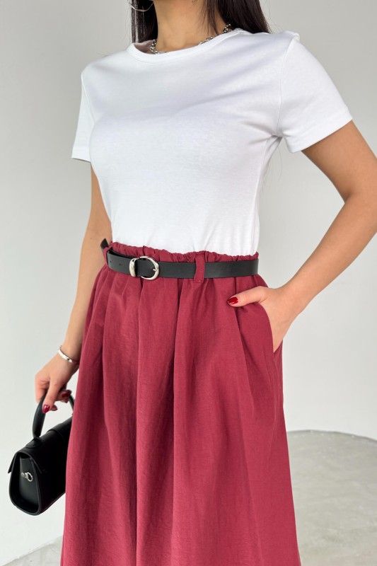 ELB-01762 Bordo Kemerli Balon Etekli Elbise - 3