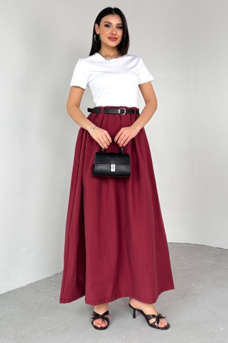 ELB-01762 Bordo Kemerli Balon Etekli Elbise - 5