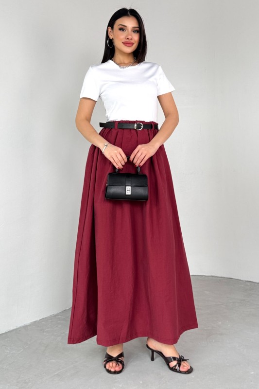 ELB-01762 Bordo Kemerli Balon Etekli Elbise - 5