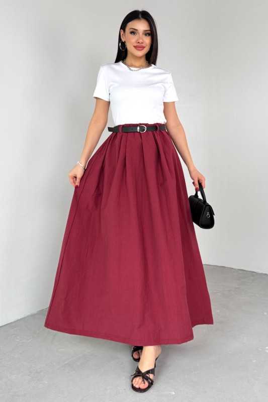 ELB-01762 Bordo Kemerli Balon Etekli Elbise - 1