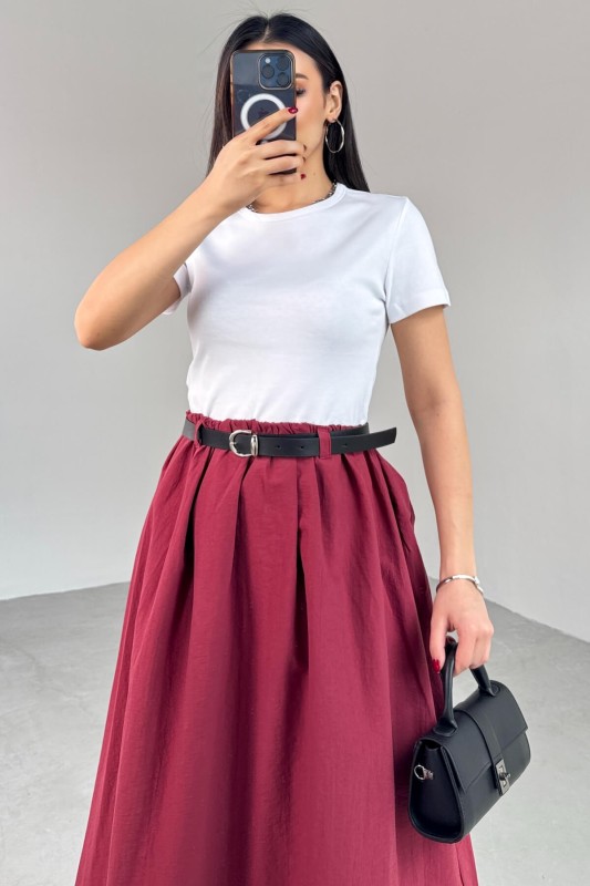 ELB-01762 Bordo Kemerli Balon Etekli Elbise - 6