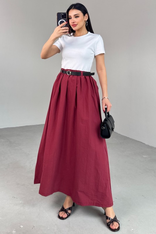 ELB-01762 Bordo Kemerli Balon Etekli Elbise - 7