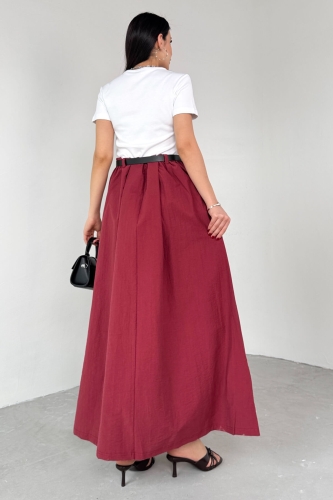 ELB-01762 Bordo Kemerli Balon Etekli Elbise - 8