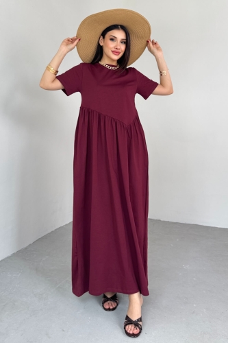 ELB-01763 Bordo Bel Pile Detaylı KIsa Kol Midi Boy Elbise - 3