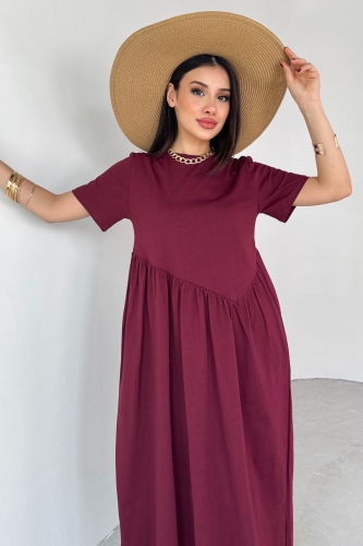 ELB-01763 Bordo Bel Pile Detaylı KIsa Kol Midi Boy Elbise - 2