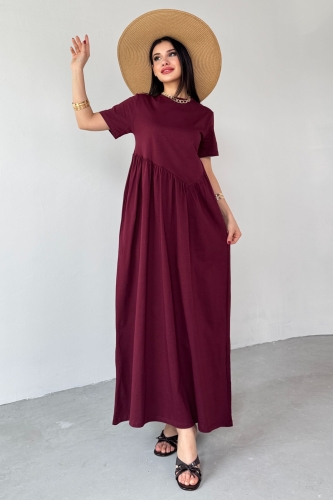 ELB-01763 Bordo Bel Pile Detaylı KIsa Kol Midi Boy Elbise - 6