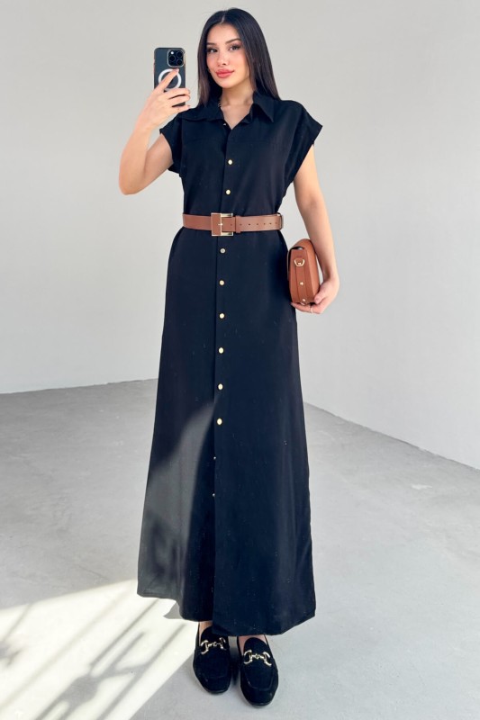 ELB-01766 Siyah Gold Düğme Taba Kemerli Viscon Kumaş Uzun Elbise - 3