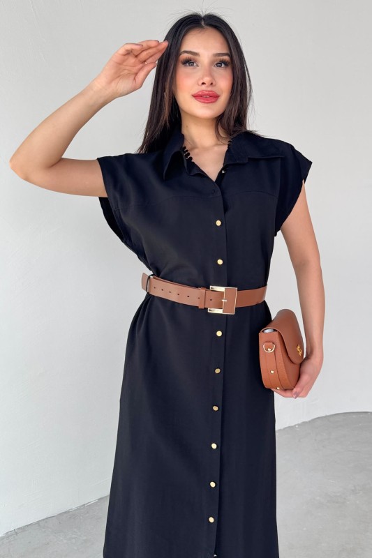 ELB-01766 Siyah Gold Düğme Taba Kemerli Viscon Kumaş Uzun Elbise - 2