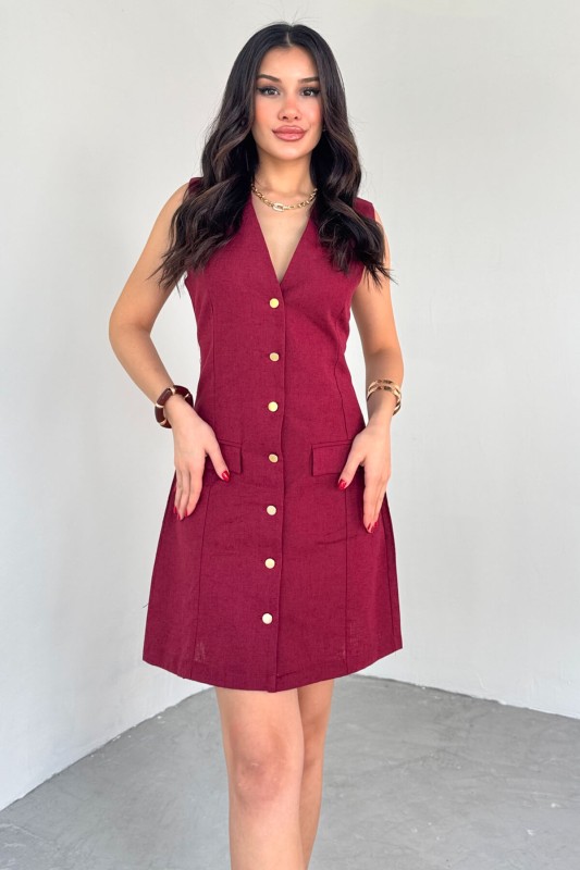 ELB-01768 Bordo Gold Düğme Detaylı Sıfır Kol Gömlek Elbise - 2