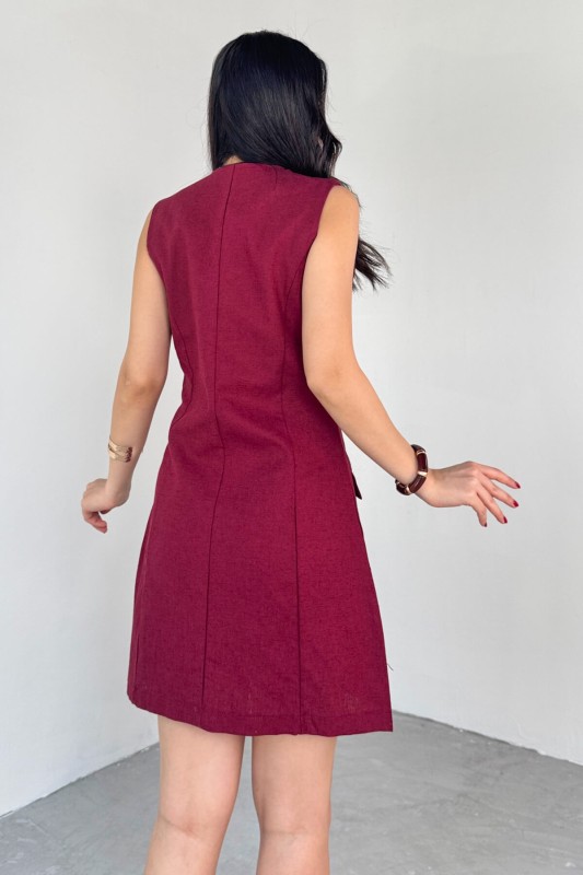 ELB-01768 Bordo Gold Düğme Detaylı Sıfır Kol Gömlek Elbise - 3