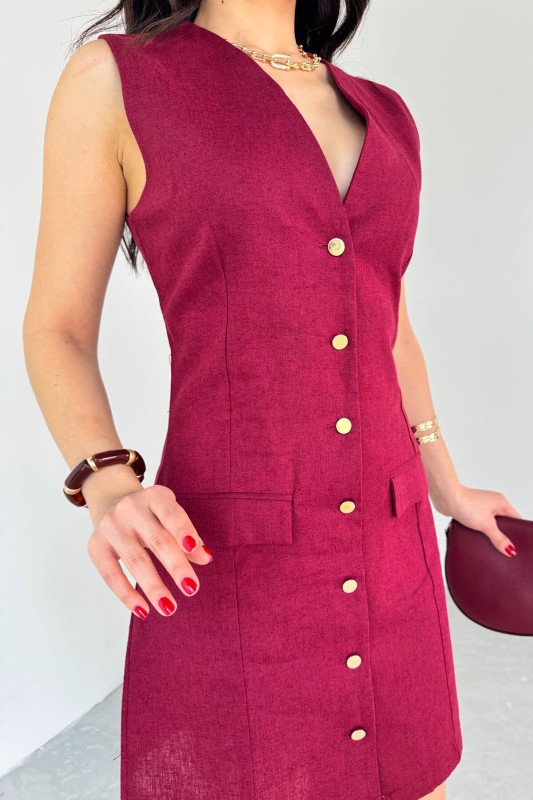 ELB-01768 Bordo Gold Düğme Detaylı Sıfır Kol Gömlek Elbise - 4