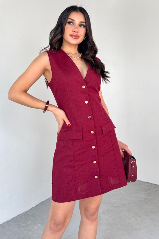 ELB-01768 Bordo Gold Düğme Detaylı Sıfır Kol Gömlek Elbise - 1