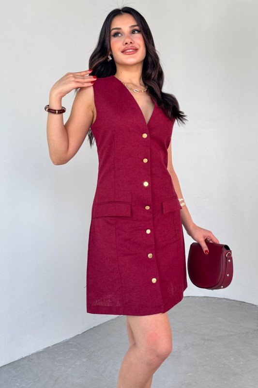 ELB-01768 Bordo Gold Düğme Detaylı Sıfır Kol Gömlek Elbise - 5