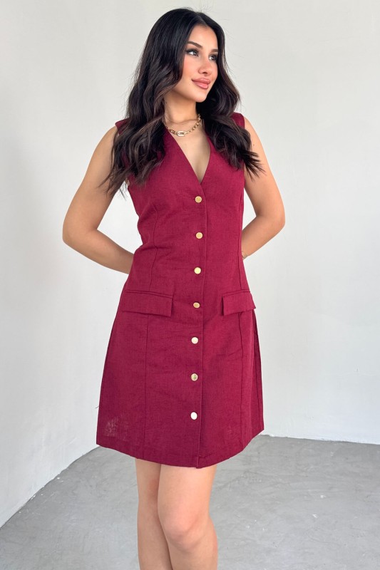 ELB-01768 Bordo Gold Düğme Detaylı Sıfır Kol Gömlek Elbise - 6