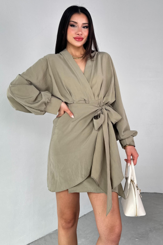 ELB-01777 Haki Kruvaze Yaka Önden Bağlamalı Elbise - 2