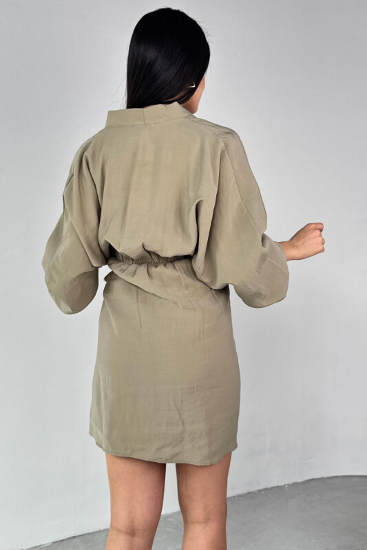 ELB-01777 Haki Kruvaze Yaka Önden Bağlamalı Elbise - 4