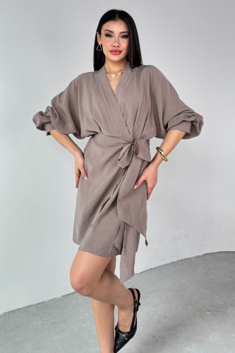 ELB-01777 Vizon Kruvaze Yaka Önden Bağlamalı Elbise - 3