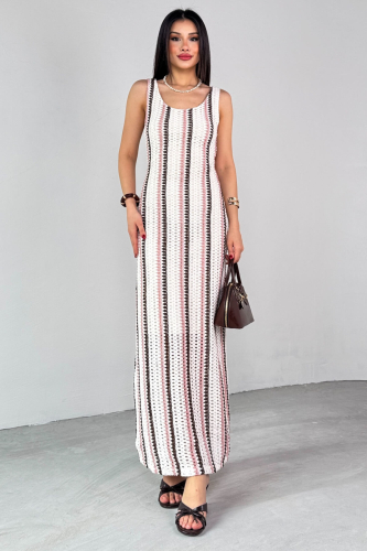 ELB-01780 Krem Çizgili Örgü Dokulu Yazlık Elbise - Cappmoda