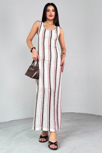 ELB-01780 Krem Çizgili Örgü Dokulu Yazlık Elbise - 4