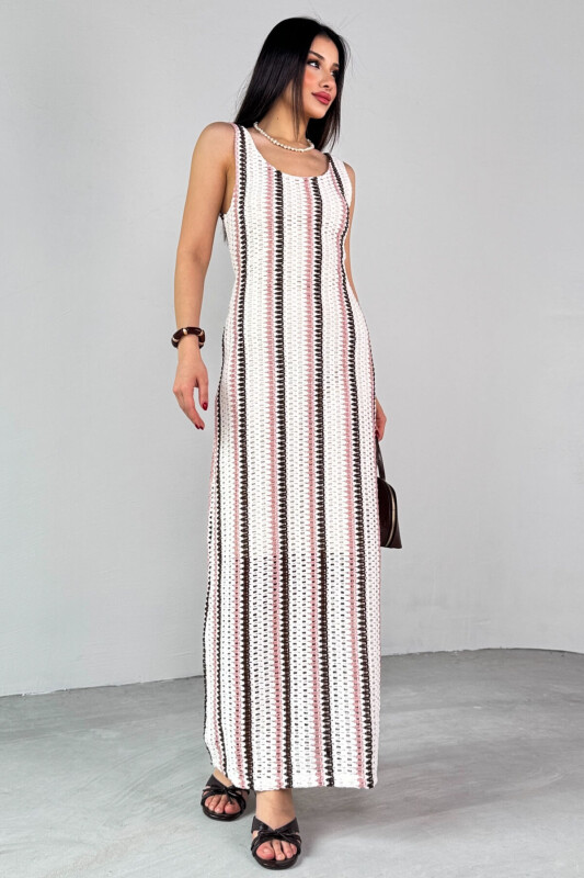 ELB-01780 Krem Çizgili Örgü Dokulu Yazlık Elbise - 5