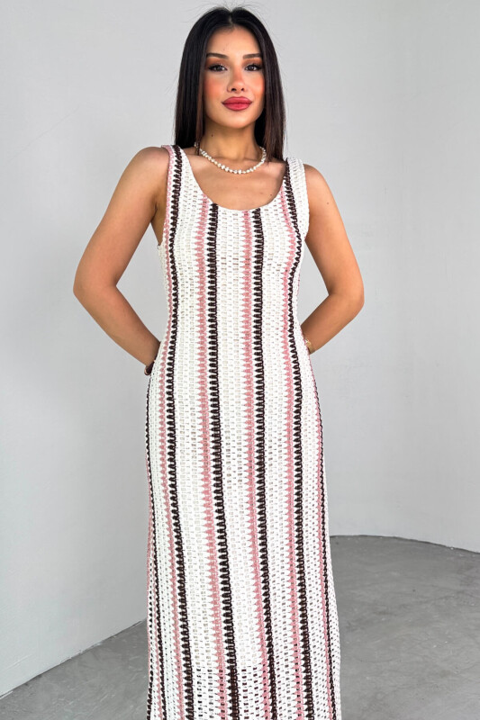 ELB-01780 Krem Çizgili Örgü Dokulu Yazlık Elbise - 8