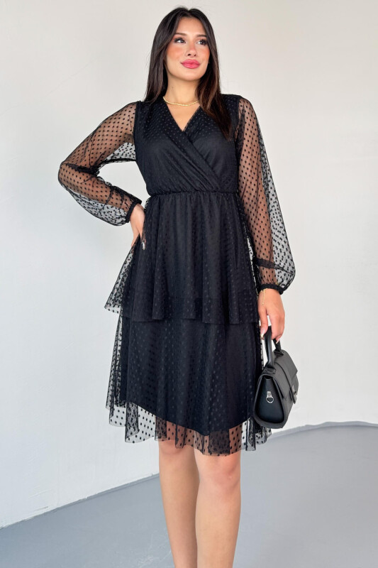 ELB-01797 Siyah Kruvaze Yaka Astarlı Dantelli Pileli Sandy Elbise - 4