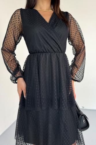 ELB-01797 Siyah Kruvaze Yaka Astarlı Dantelli Pileli Sandy Elbise - 5