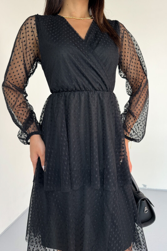 ELB-01797 Siyah Kruvaze Yaka Astarlı Dantelli Pileli Sandy Elbise - 5