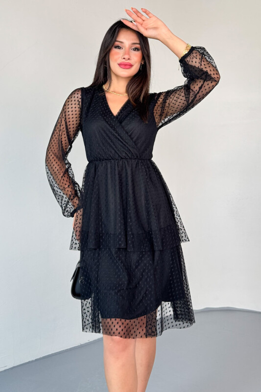 ELB-01797 Siyah Kruvaze Yaka Astarlı Dantelli Pileli Sandy Elbise - 1