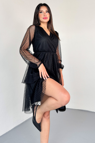 ELB-01797 Siyah Kruvaze Yaka Astarlı Dantelli Pileli Sandy Elbise - 2