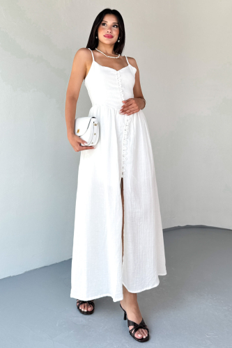 ELB-01802 Beyaz Askılı Kaplama Düğmeli Gipeli Müslin Elbise - 1