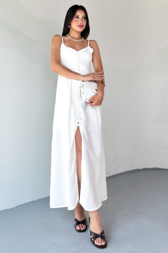 ELB-01802 Beyaz Askılı Kaplama Düğmeli Gipeli Müslin Elbise - 5