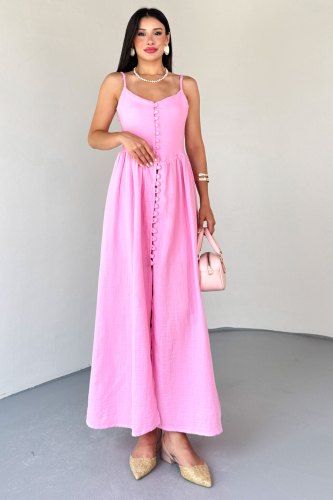 ELB-01802 Pembe Askılı Kaplama Düğmeli Gipeli Müslin Elbise 
